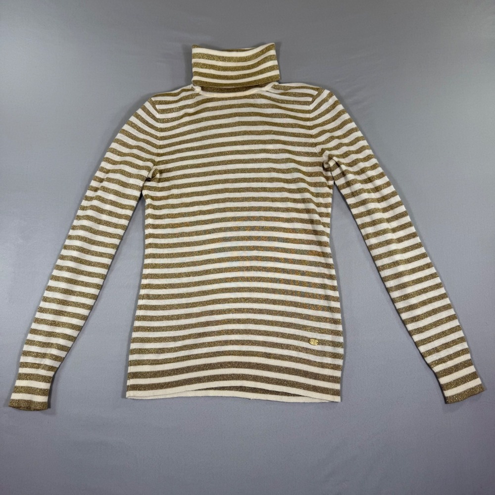 Lauren Ralph Lauren Gold Metallic Striped Turtleneck Sweater XS Old Money Preppy